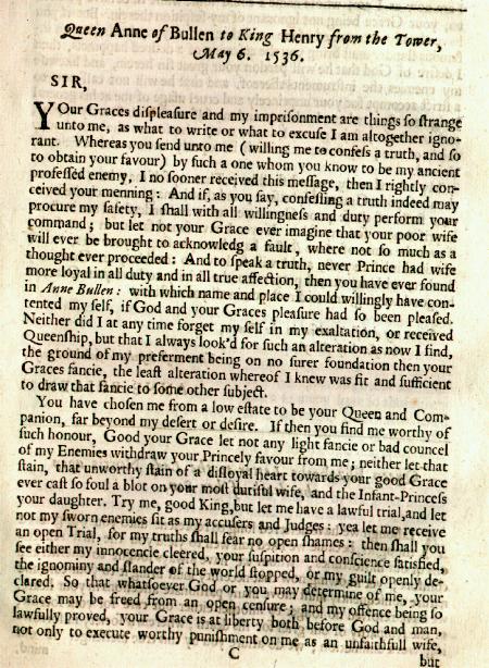 A letter supposedly written by Anne Bullen to Henry VIII when she was imprisoned in the Tower