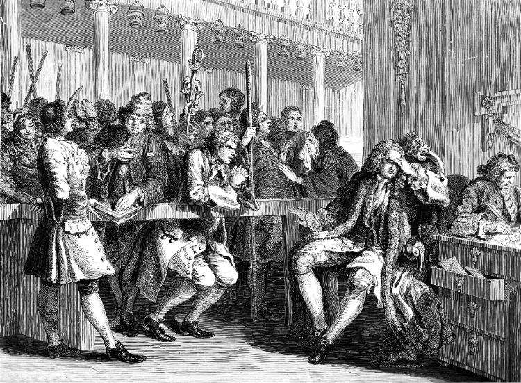 Industry and Idleness. Plate 10. The Industrious Apprentice Alderman of London, the Idle One brought before him and Impeached by his Accomplice.