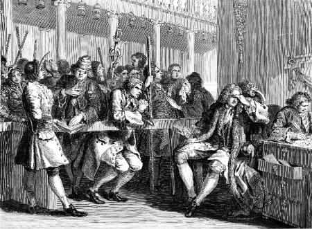 Industry and Idleness. Plate 10. The Industrious Apprentice Alderman of London, the Idle One brought before him and Impeached by his Accomplice.